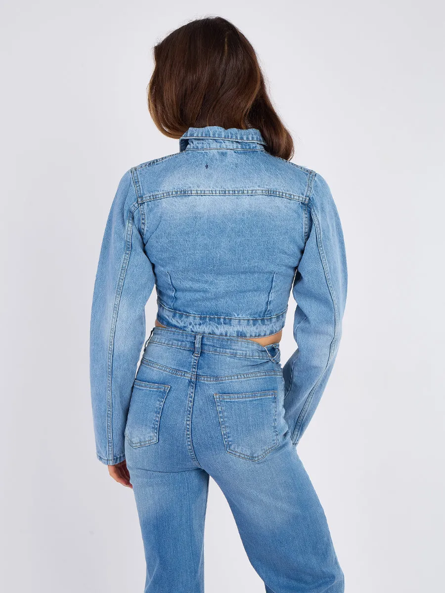 Cross Embroidered Cropped Denim Jacket - Lenora sold by Storm Desire product image thumbnail 2