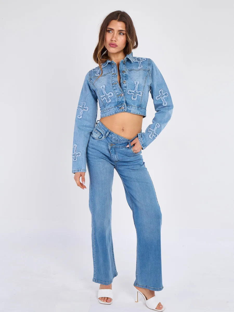 Cross Embroidered Cropped Denim Jacket - Lenora sold by Storm Desire product image thumbnail 4