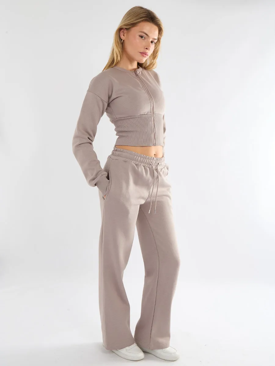 Zip Up Crop Sweatshirt & Wide Leg Trouser Tracksuit - Pearl sold by Storm Desire