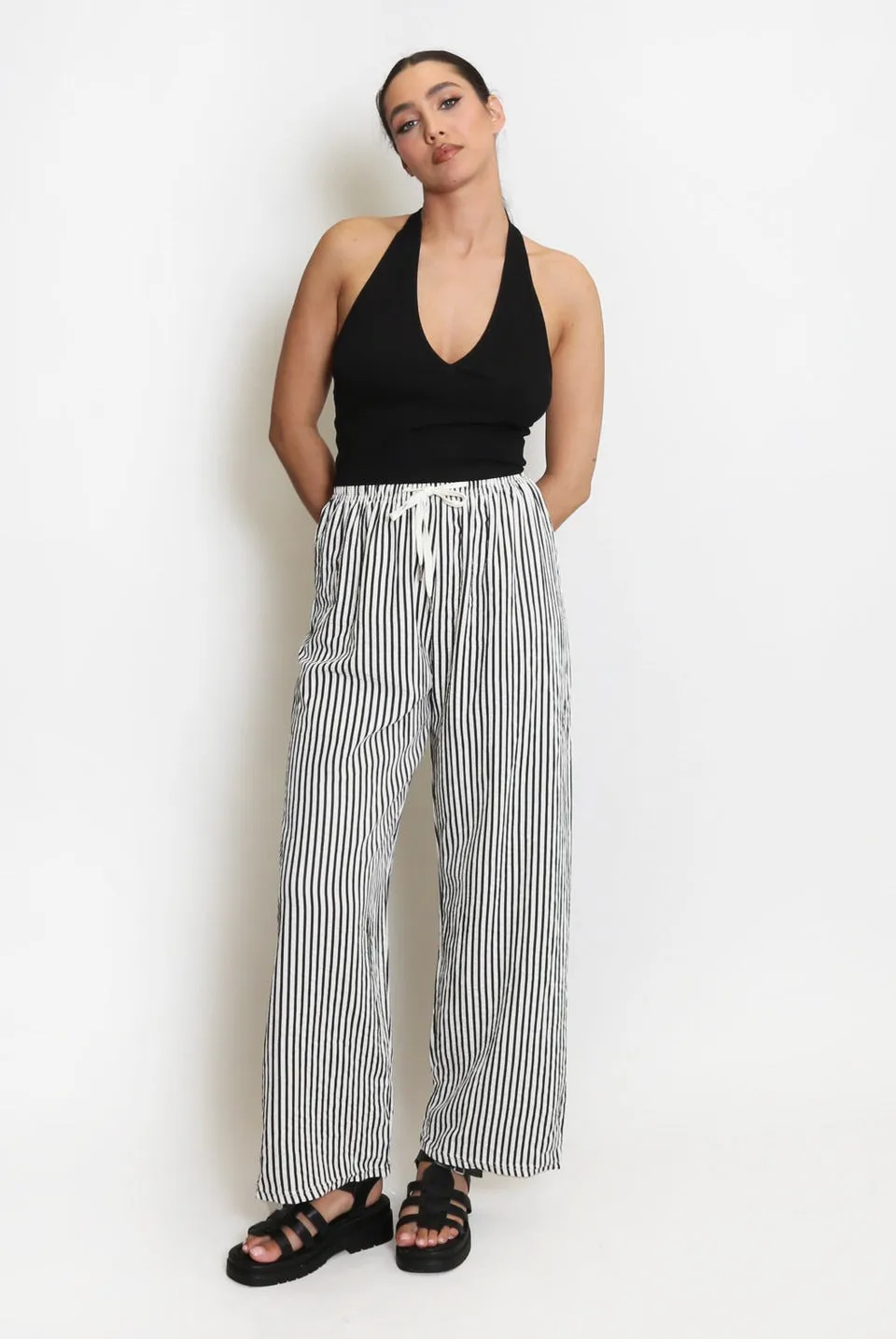 Off White Striped Casual Wide Leg Trouser - Milena sold by Storm Desire