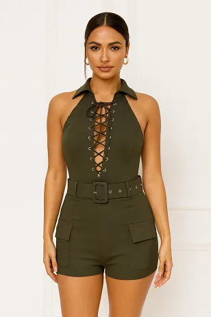 Lace Up Belted Cargo Playsuit - Ocean sold by Storm Desire product image thumbnail 3