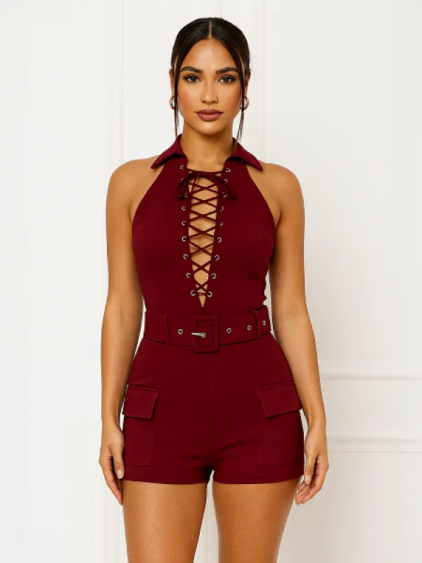 Lace Up Belted Cargo Playsuit - Ocean sold by Storm Desire