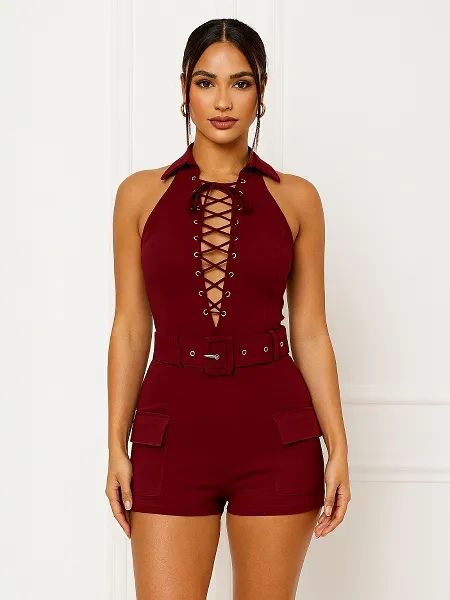 Lace Up Belted Cargo Playsuit - Ocean sold by Storm Desire