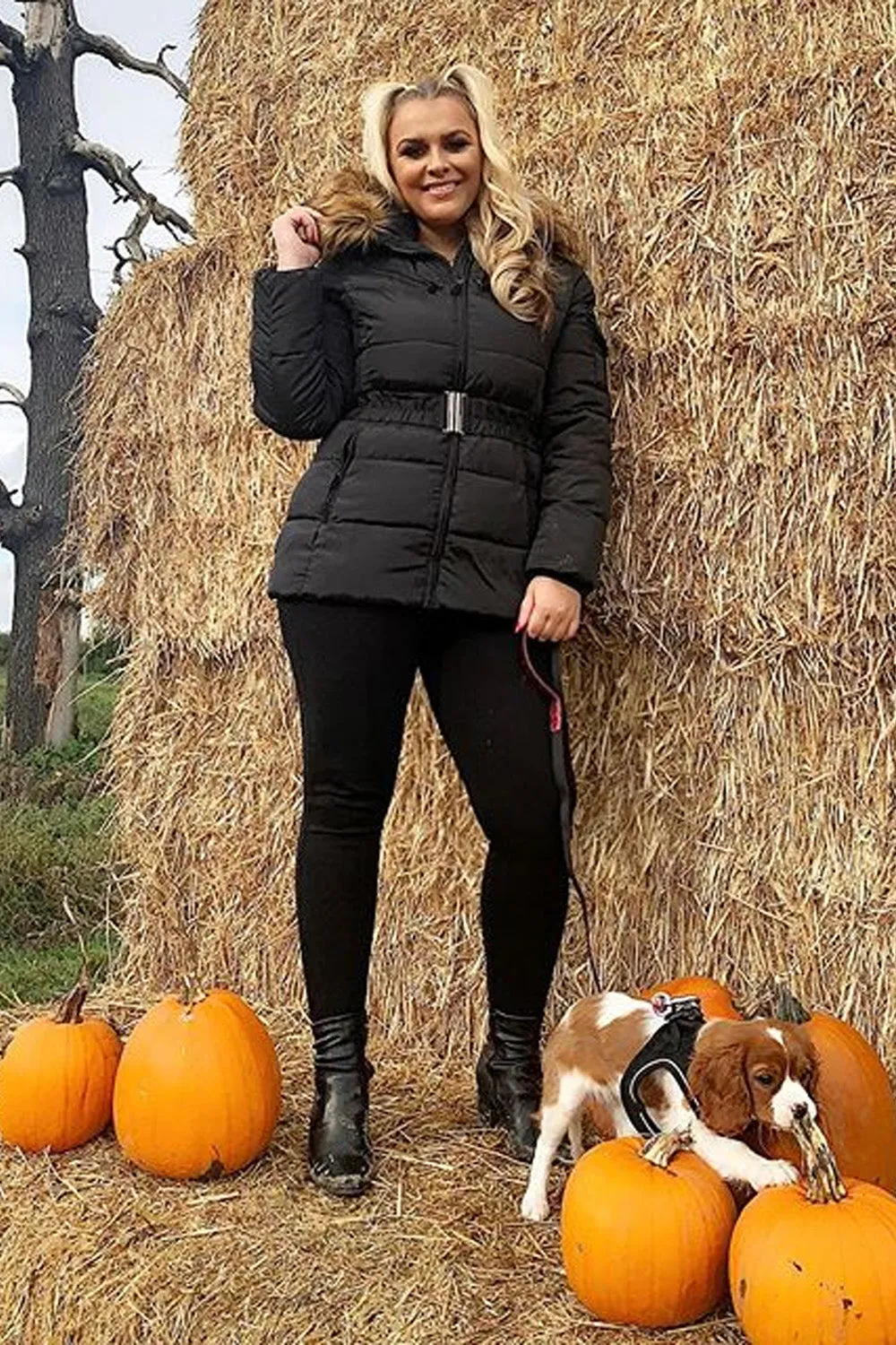 Black Belted Faux Fur Hood Quilted Puffer Jacket - Gracie sold by Storm Desire product image thumbnail 2