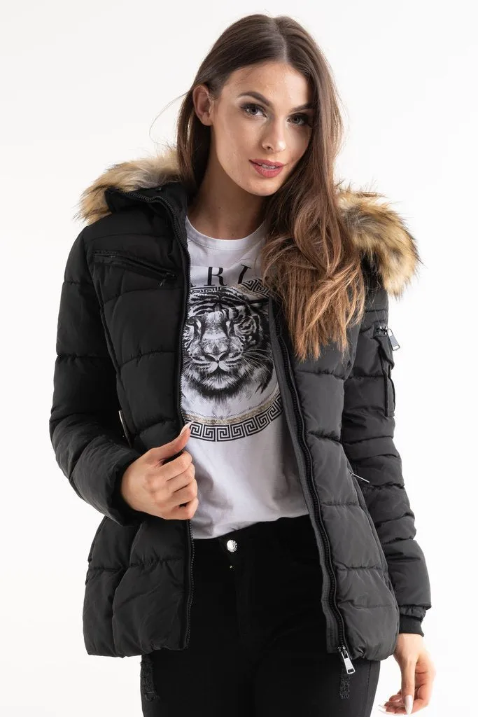 Black Belted Faux Fur Hood Quilted Puffer Jacket - Gracie sold by Storm Desire product image thumbnail 3