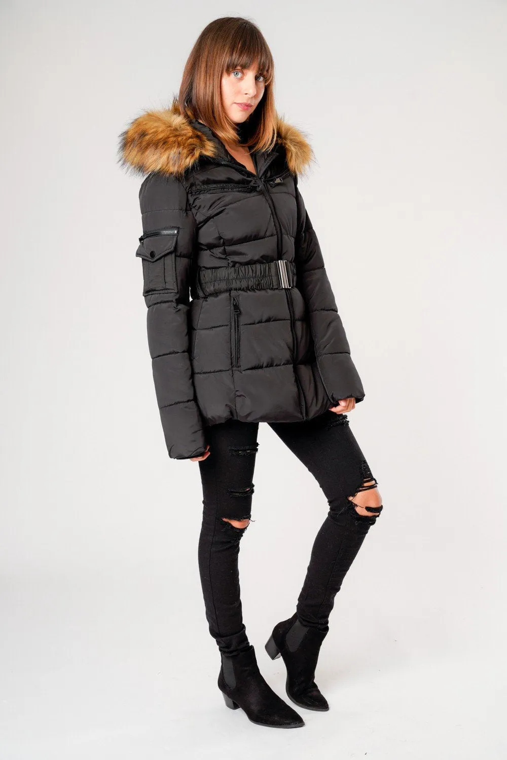 Black Belted Faux Fur Hood Quilted Puffer Jacket - Gracie sold by Storm Desire product image thumbnail 4