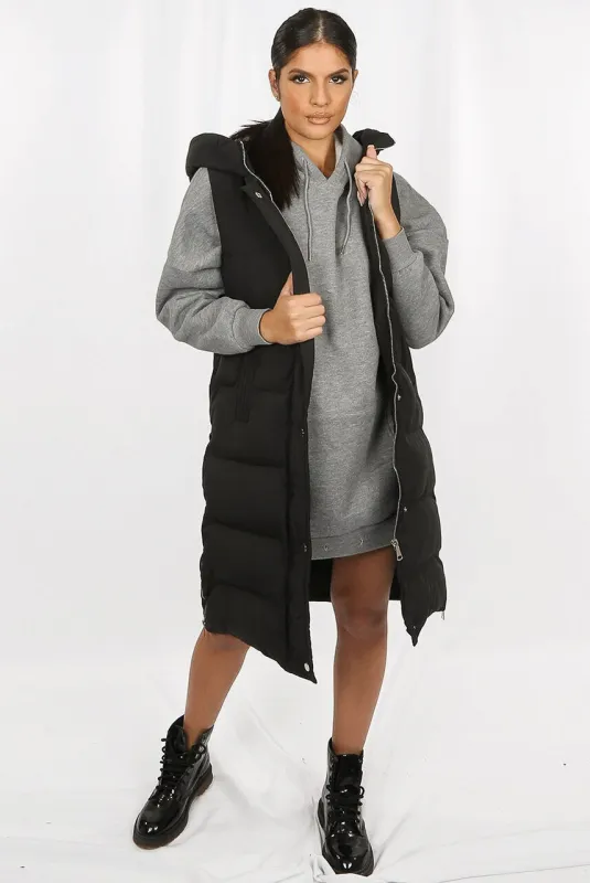 Black Longline Padded Hooded Gilet - Jayla sold by Storm Desire