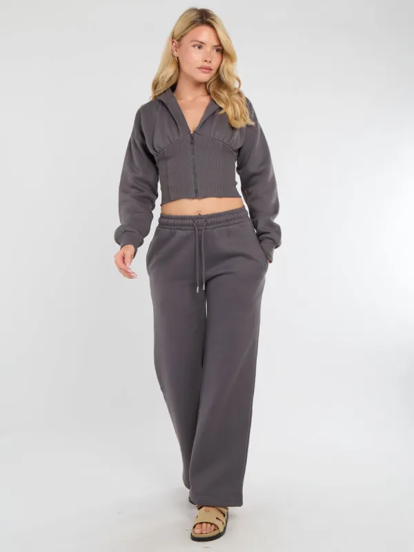 Hooded Zip Up Crop Top & Wide Leg Trouser Tracksuit - Hunter sold by Storm Desire