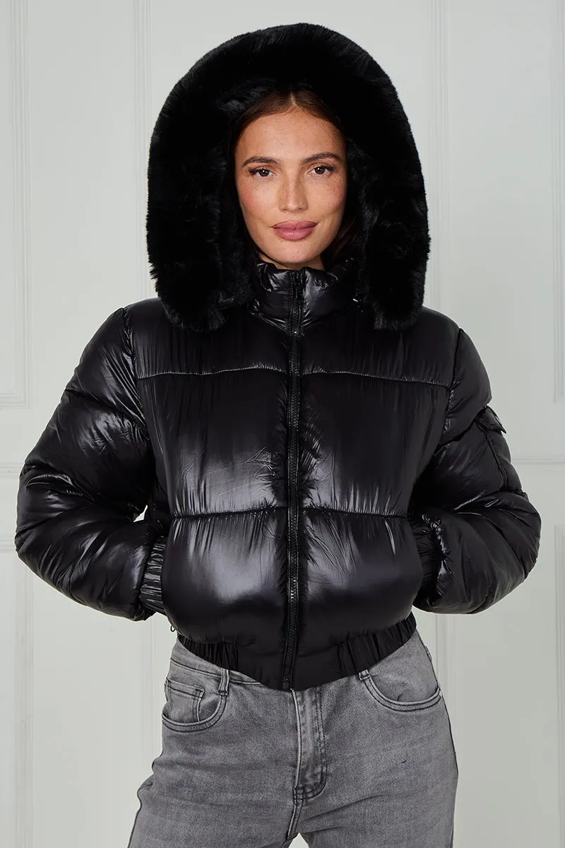 Shiny Faux Fur Hood Quilted Puffer Jacket - Jade sold by Storm Desire product image thumbnail 3
