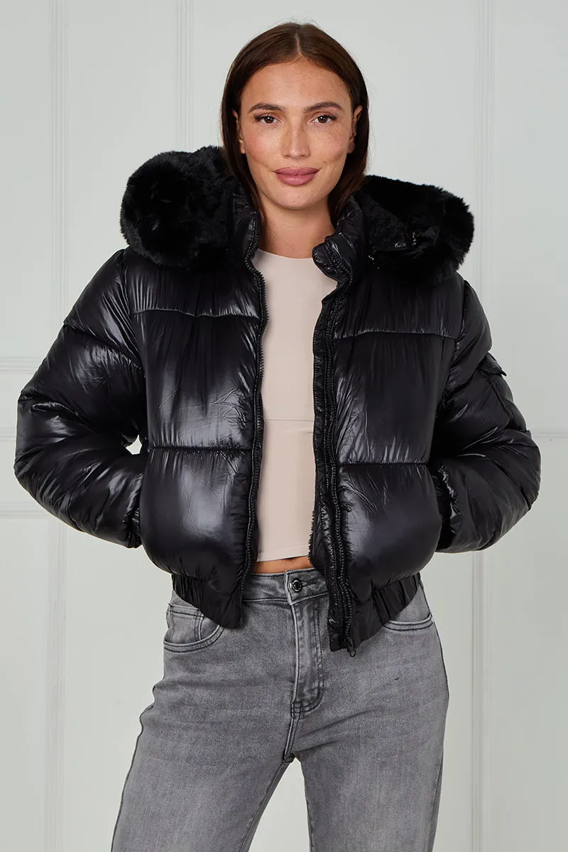 Shiny Faux Fur Hood Quilted Puffer Jacket - Jade sold by Storm Desire product image thumbnail 4