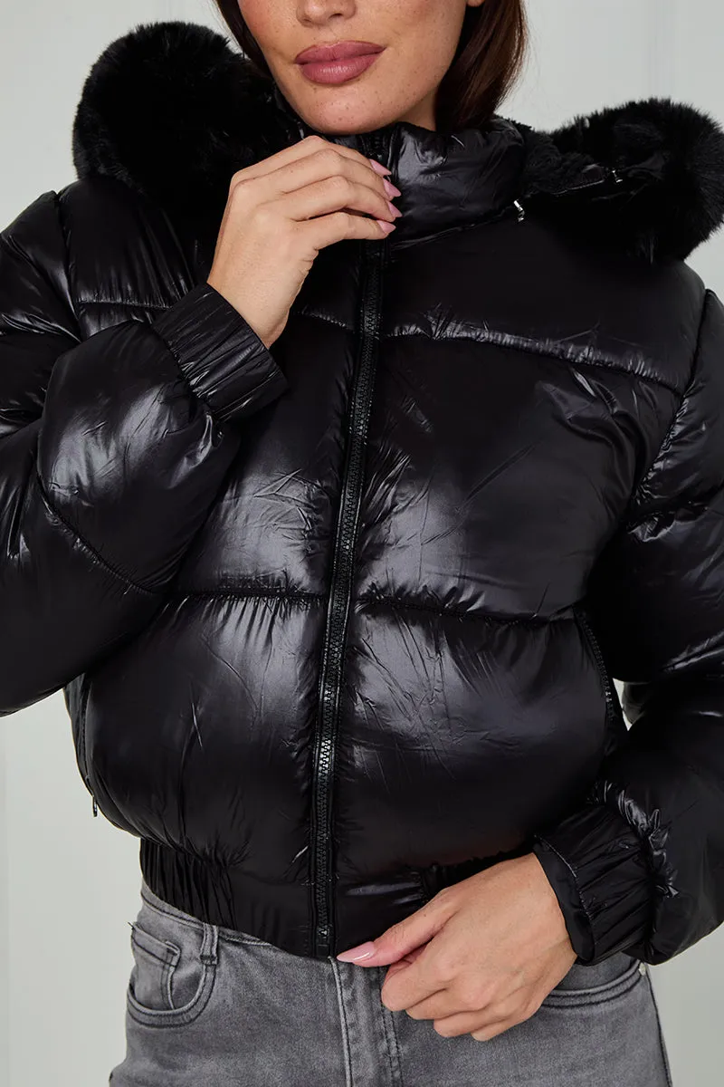 Shiny Faux Fur Hood Quilted Puffer Jacket - Jade sold by Storm Desire product image thumbnail 5
