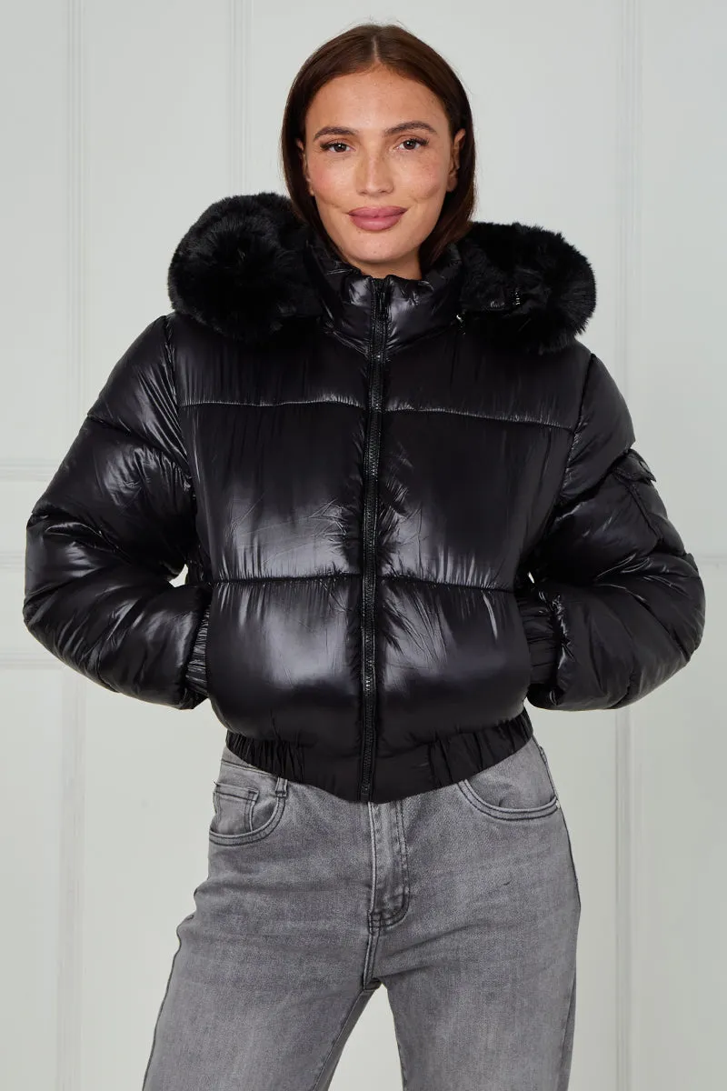 Shiny Faux Fur Hood Quilted Puffer Jacket - Jade sold by Storm Desire