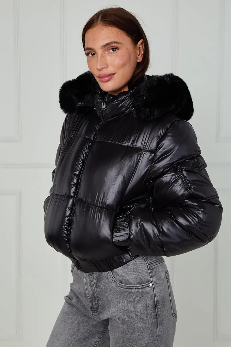 Shiny Faux Fur Hood Quilted Puffer Jacket - Jade sold by Storm Desire product image thumbnail 2