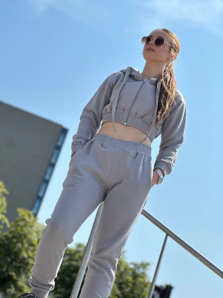 Dove Grey Crop Zip Hooded Loungewear - Valentina sold by Storm Desire