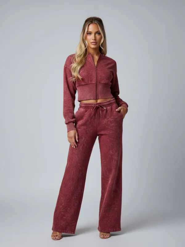 Acid Wash Cropped Top & Wide Leg Trouser Tracksuit - Julietta sold by Storm Desire