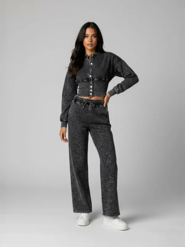 Button Up Acid Wash Loungewear Set - Linda made by Storm Desire