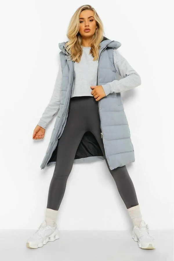 Grey Longline Padded Hooded Gilet - Jayla sold by Storm Desire
