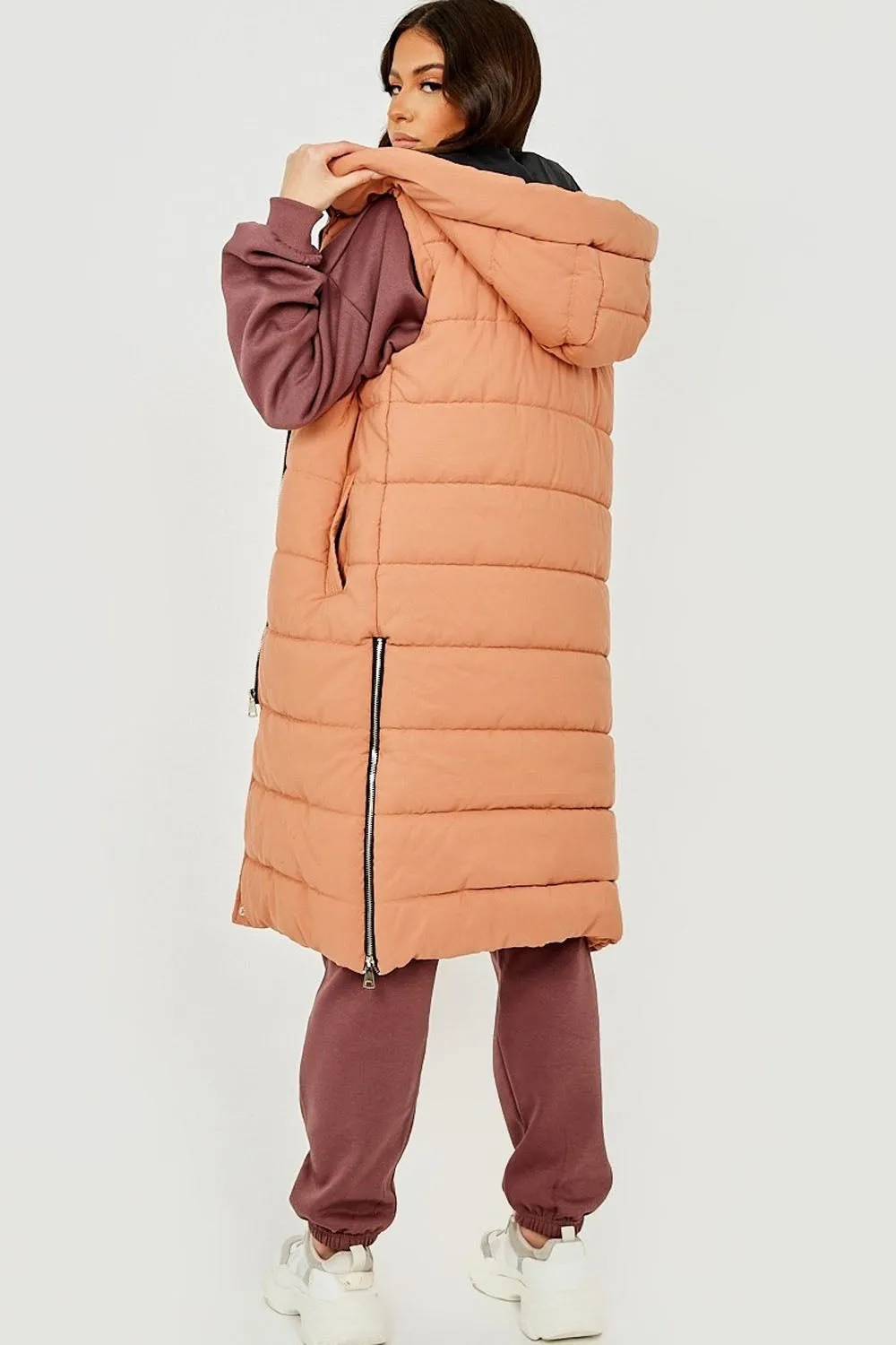 Camel Longline Padded Hooded Gilet - Jayla sold by Storm Desire