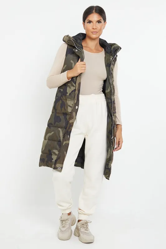 Green Camo Longline Padded Hooded Gilet - Jayla sold by Storm Desire
