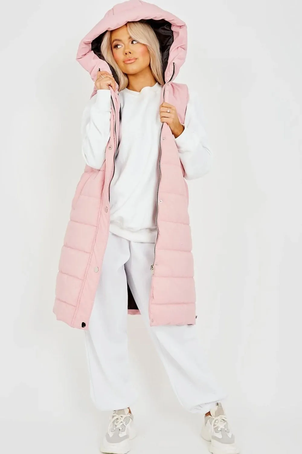 Pink Longline Padded Hooded Gilet - Jayla sold by Storm Desire