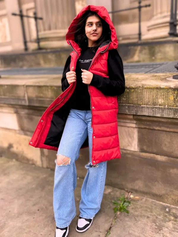Red Longline Padded Hooded Gilet - Jayla sold by Storm Desire