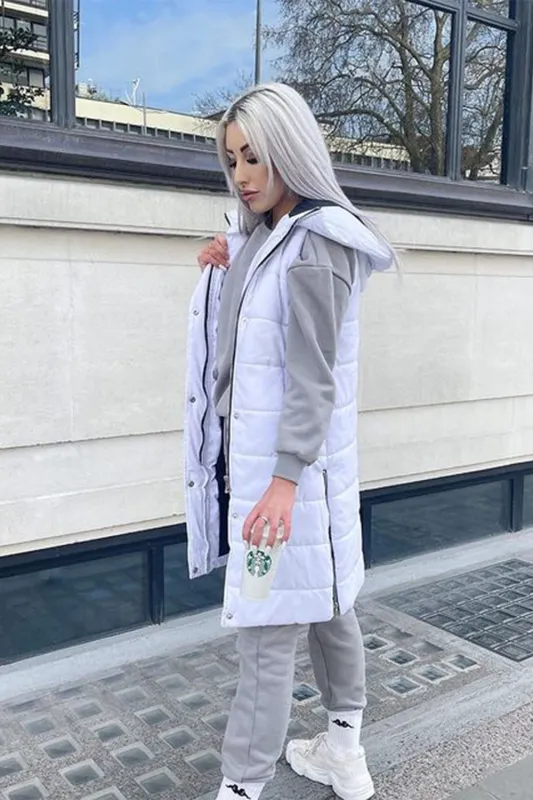 White Longline Padded Hooded Gilet - Jayla sold by Storm Desire