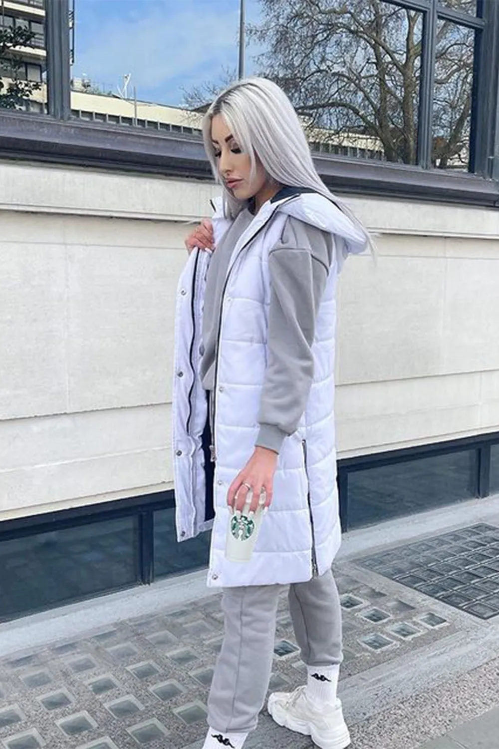 White Longline Padded Hooded Gilet - Jayla sold by Storm Desire