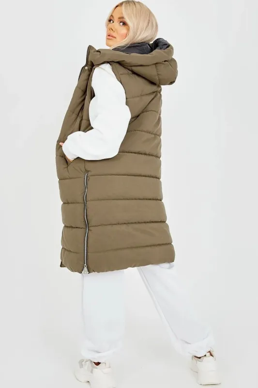 Khaki Green Longline Padded Hooded Gilet - Jayla sold by Storm Desire