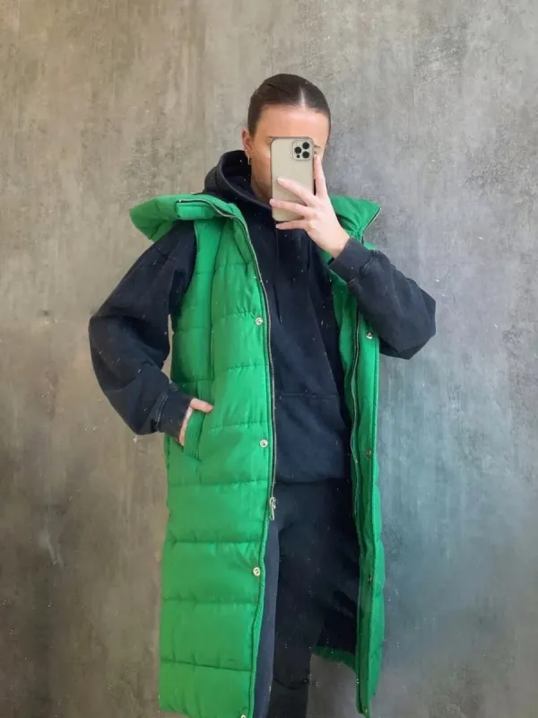 Green Longline Padded Hooded Gilet - Jayla made by Storm Desire