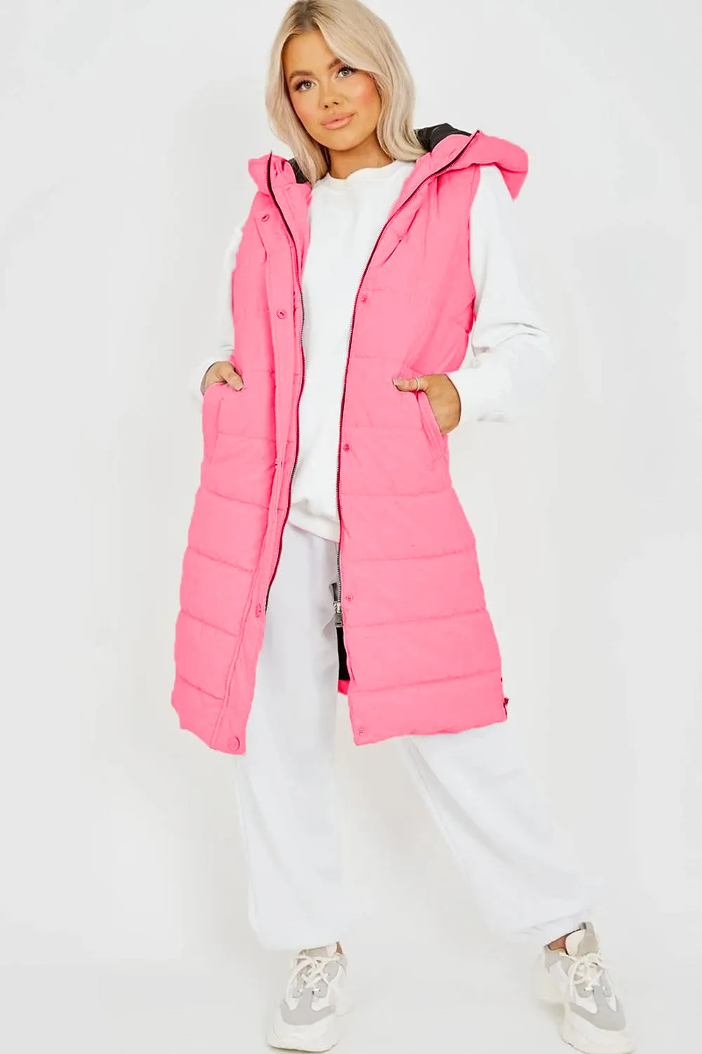 Neon Pink Longline Padded Hooded Gilet - Jayla sold by Storm Desire