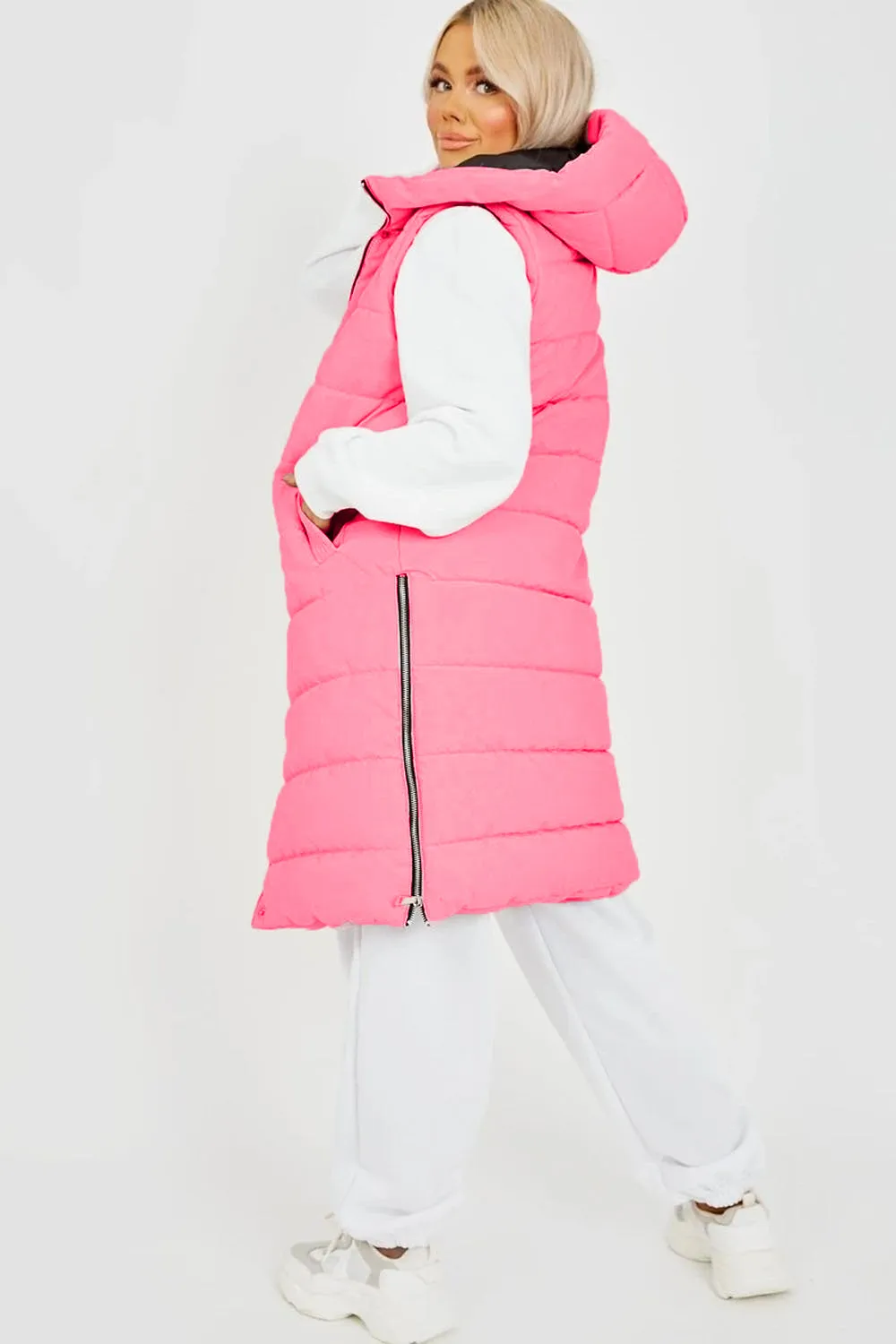 Neon Pink Longline Padded Hooded Gilet - Jayla sold by Storm Desire product image thumbnail 2