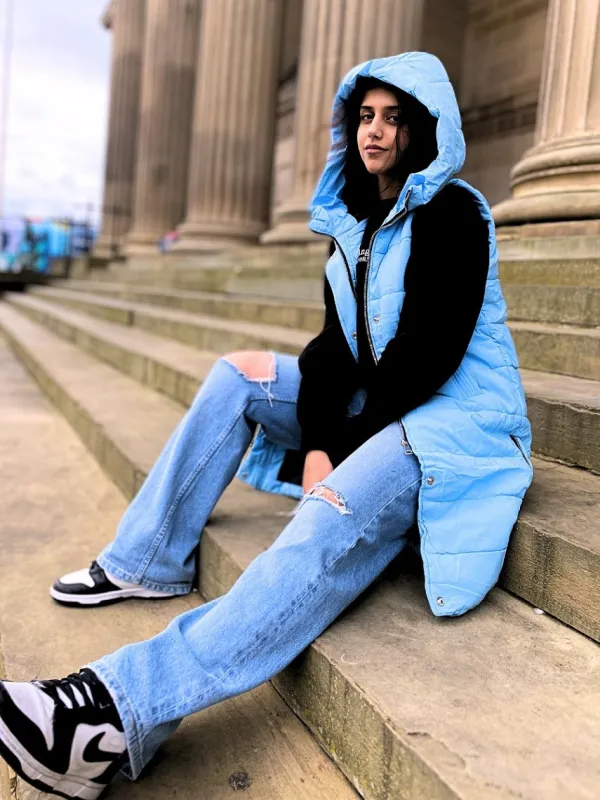 Sky blue Longline Padded Hooded Gilet - Jayla sold by Storm Desire