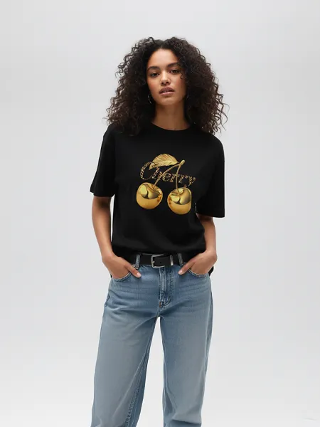 Gold Cherry Print T-Shirt - Isabella sold by Storm Desire