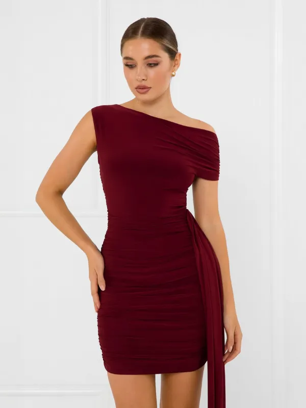 Ruched Slinky Bodycon Drape Mini Dress - Mavis sold by Storm Desire