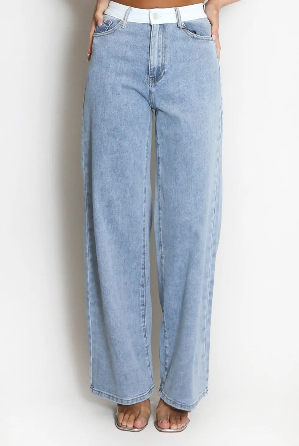 White Waist Band Dad Fit Denim Blue Jeans - Adalee sold by Storm Desire product image thumbnail 3
