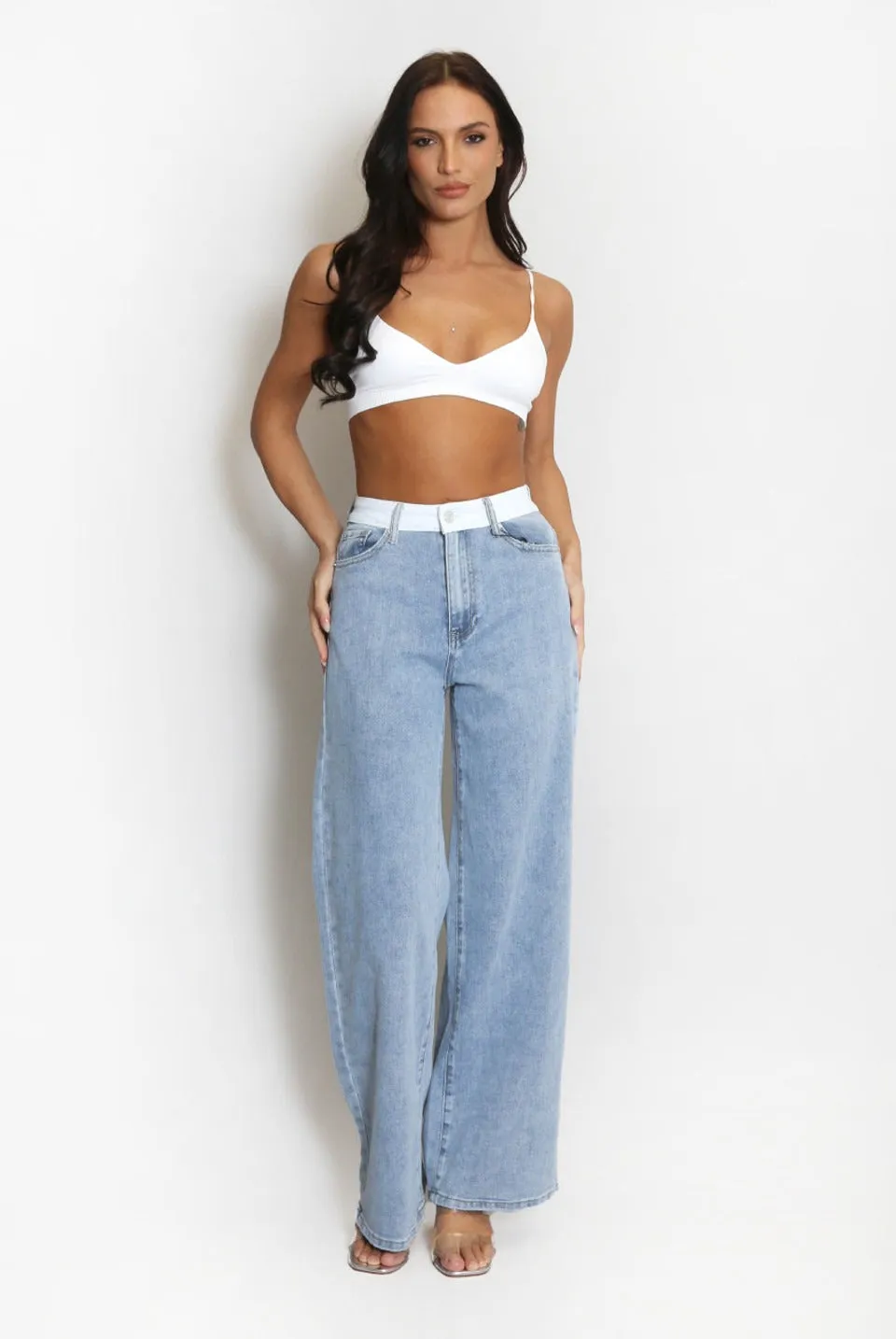 White Waist Band Dad Fit Denim Blue Jeans - Adalee sold by Storm Desire product image thumbnail 4