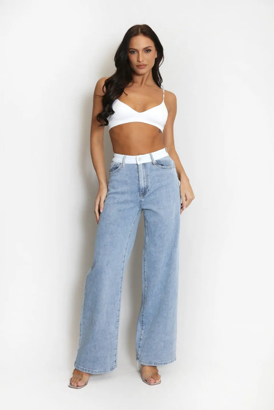 White Waist Band Dad Fit Denim Blue Jeans - Adalee sold by Storm Desire