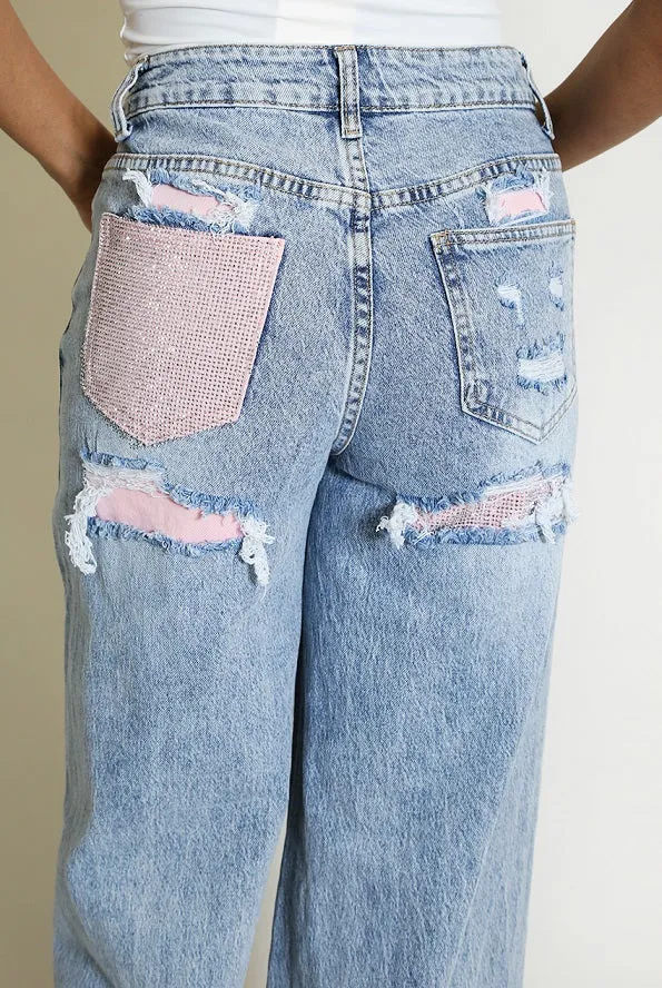 Straight Leg Jeans With Pink Diamante Insert - Lyra sold by Storm Desire product image thumbnail 3