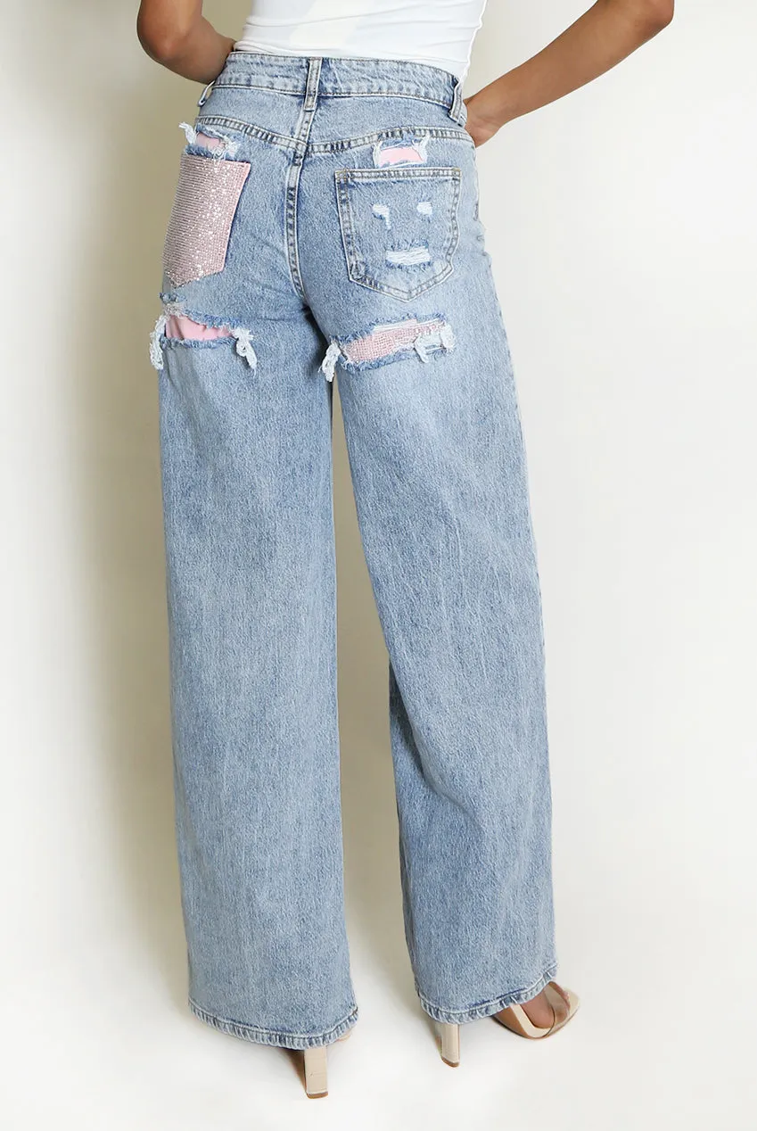 Straight Leg Jeans With Pink Diamante Insert - Lyra sold by Storm Desire product image thumbnail 5