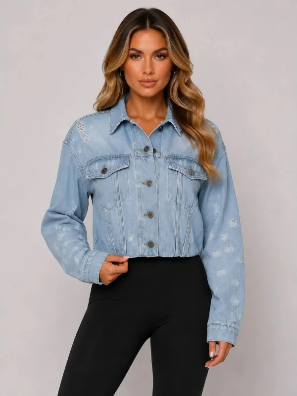 Light Wash Distressed Cropped Denim Jacket - Ruby made by Storm Desire