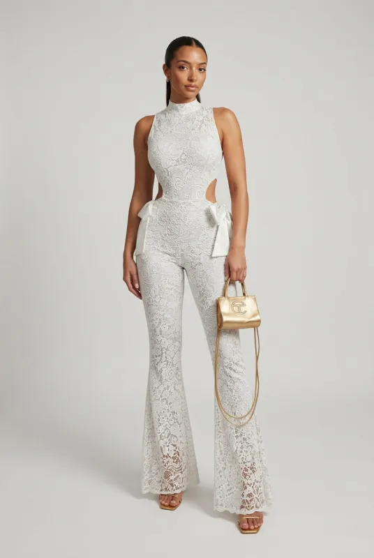 Lace Halter Neck Cut-Out Flared Jumpsuit - Adelaide made by Storm Desire