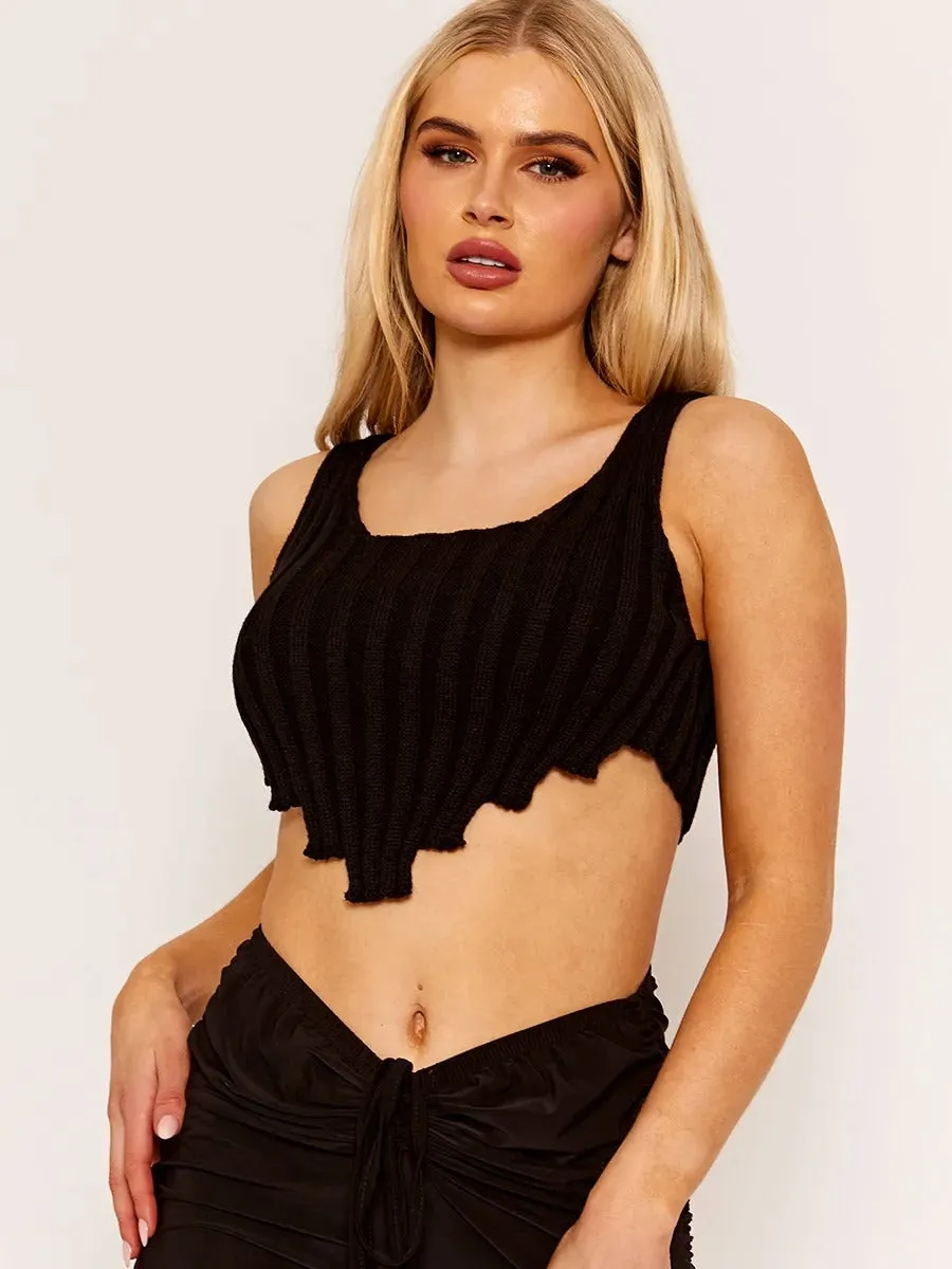 Black Asymmetric Hem Knitted Vest Crop Top - Annika sold by Storm Desire