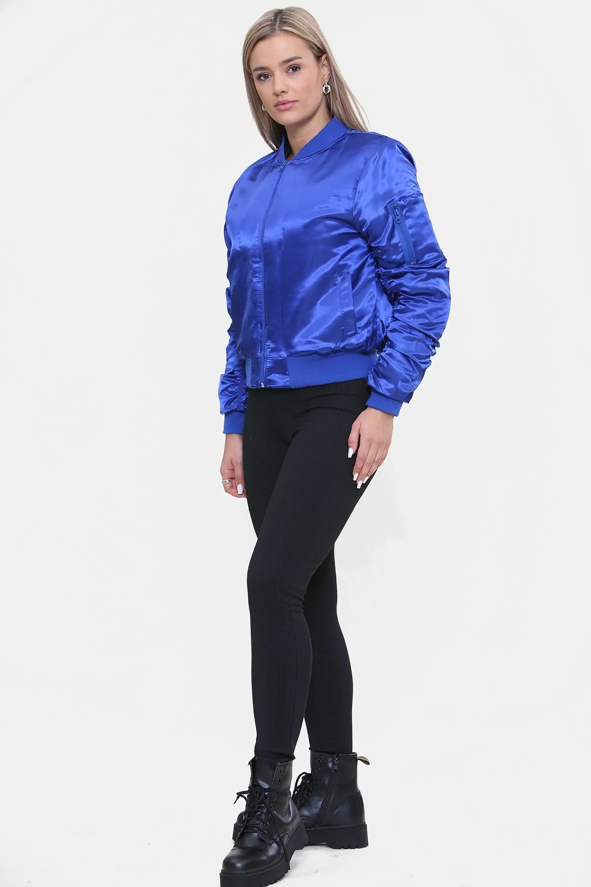Royal Blue Ruched Sleeve Satin Lux Bomber Jacket - Anastasia sold by Storm Desire product image thumbnail 2