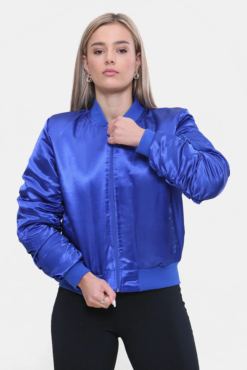 Royal Blue Ruched Sleeve Satin Lux Bomber Jacket - Anastasia sold by Storm Desire product image thumbnail 4