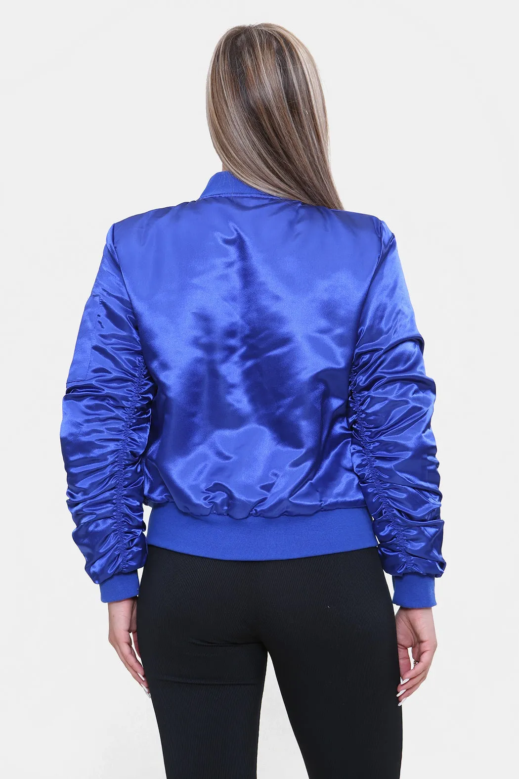 Royal Blue Ruched Sleeve Satin Lux Bomber Jacket - Anastasia sold by Storm Desire product image thumbnail 3