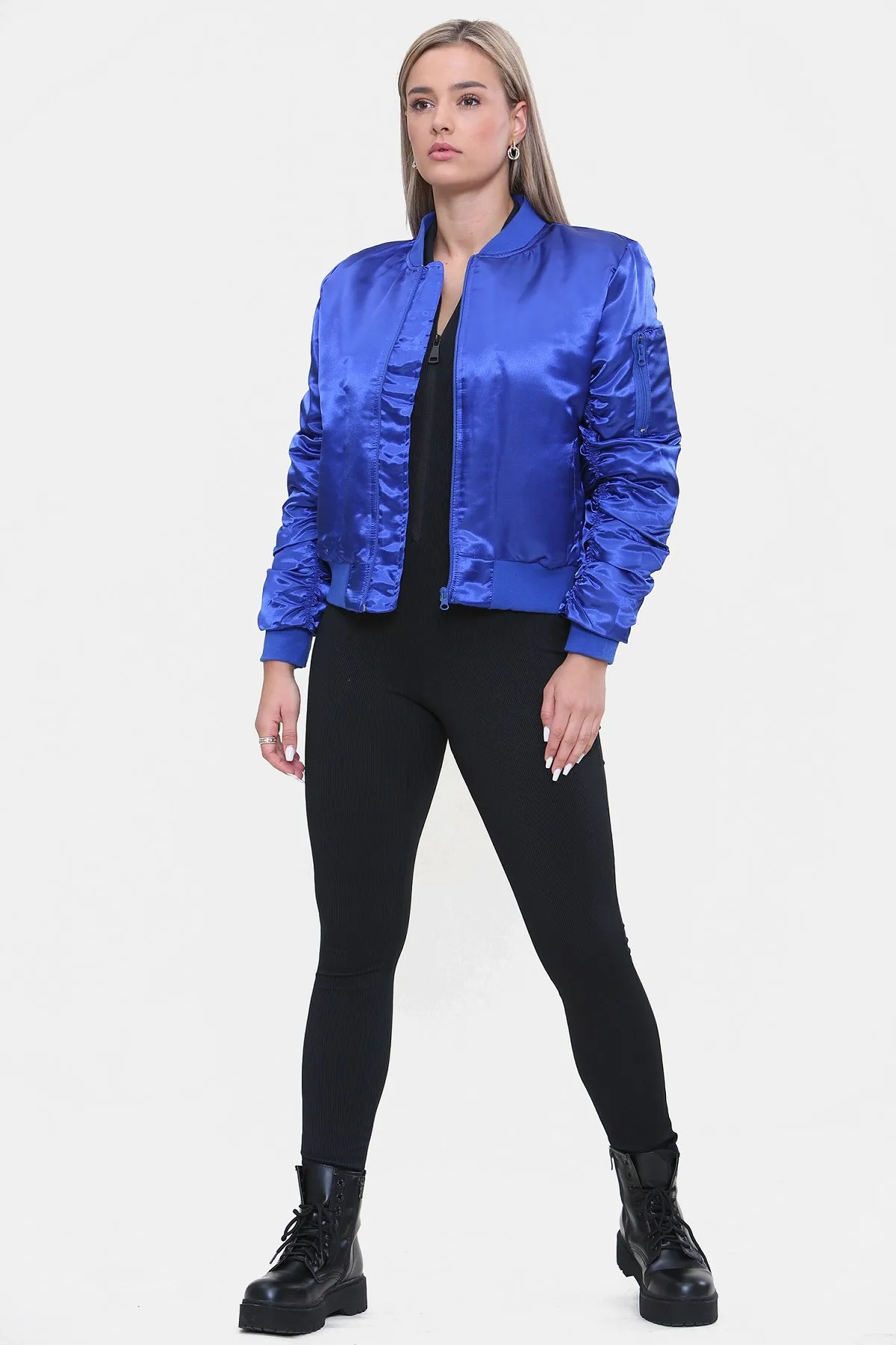 Royal Blue Ruched Sleeve Satin Lux Bomber Jacket - Anastasia sold by Storm Desire product image thumbnail 5
