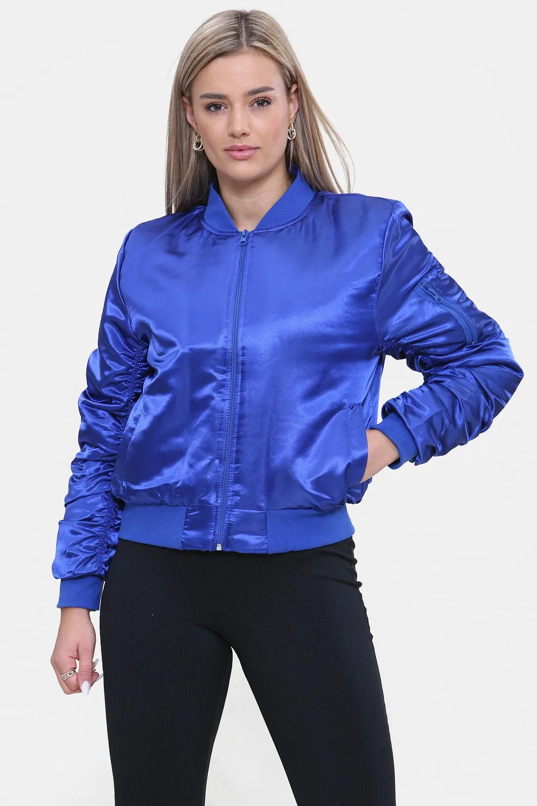 Royal Blue Ruched Sleeve Satin Lux Bomber Jacket - Anastasia sold by Storm Desire