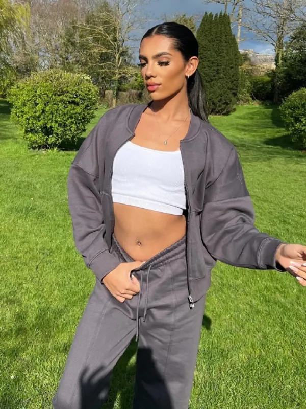 Bomber Style Oversize Fleece Zipper & Jogger Set - Sara sold by Storm Desire