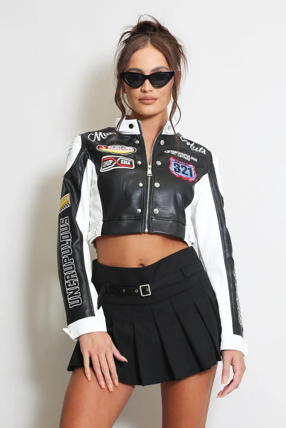 Black Faux Leather Slogan Cropped Biker Jacket - Millie sold by Storm Desire
