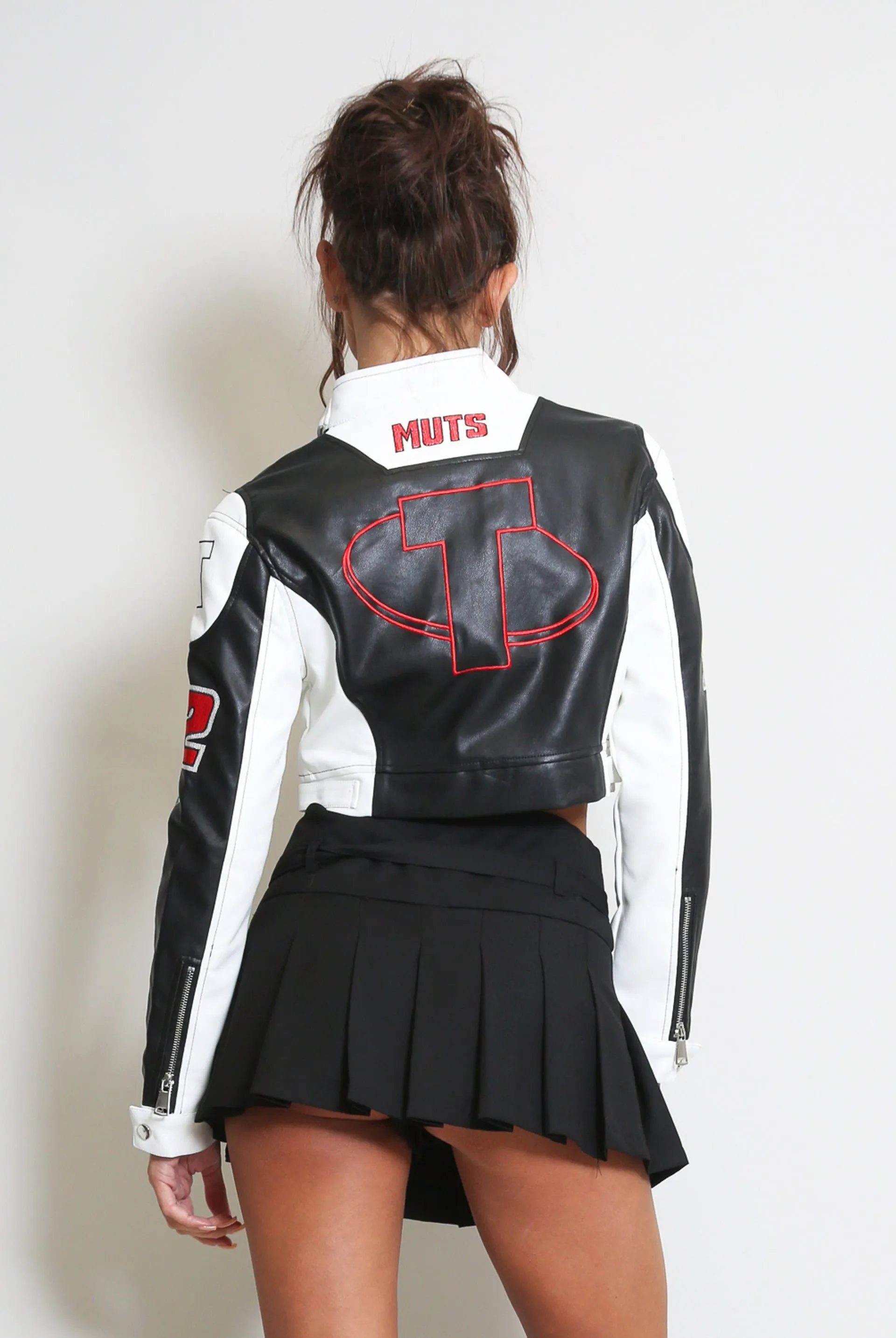 Black Faux Leather Slogan Cropped Biker Jacket - Millie sold by Storm Desire product image thumbnail 5